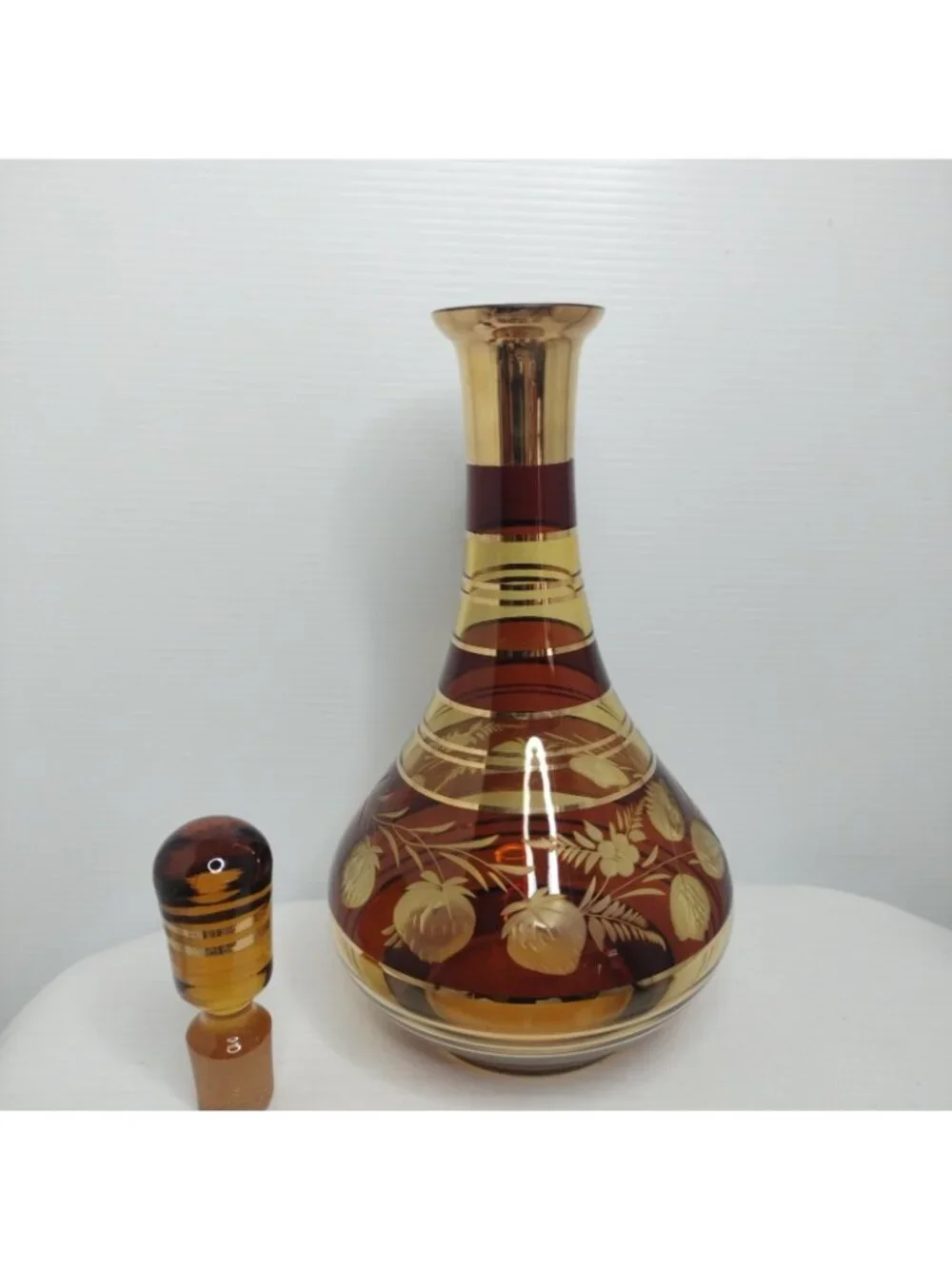 Amber Etched Fruit With Gold Trim Decanter With 6 Set Glasses New